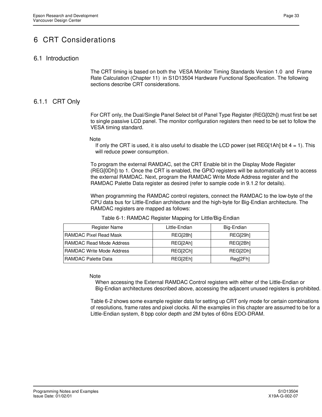 Epson S1D13504 manual CRT Considerations, Introduction, CRT Only, Ramdac Register Mapping for Little/Big-Endian 