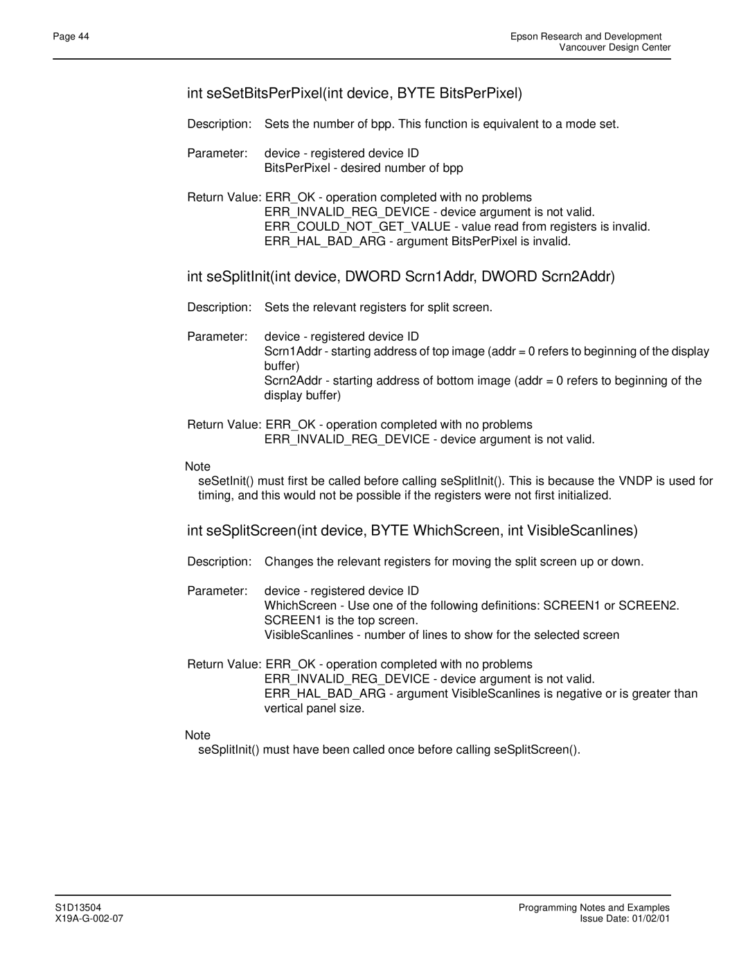 Epson S1D13504 manual Int seSetBitsPerPixelint device, Byte BitsPerPixel 