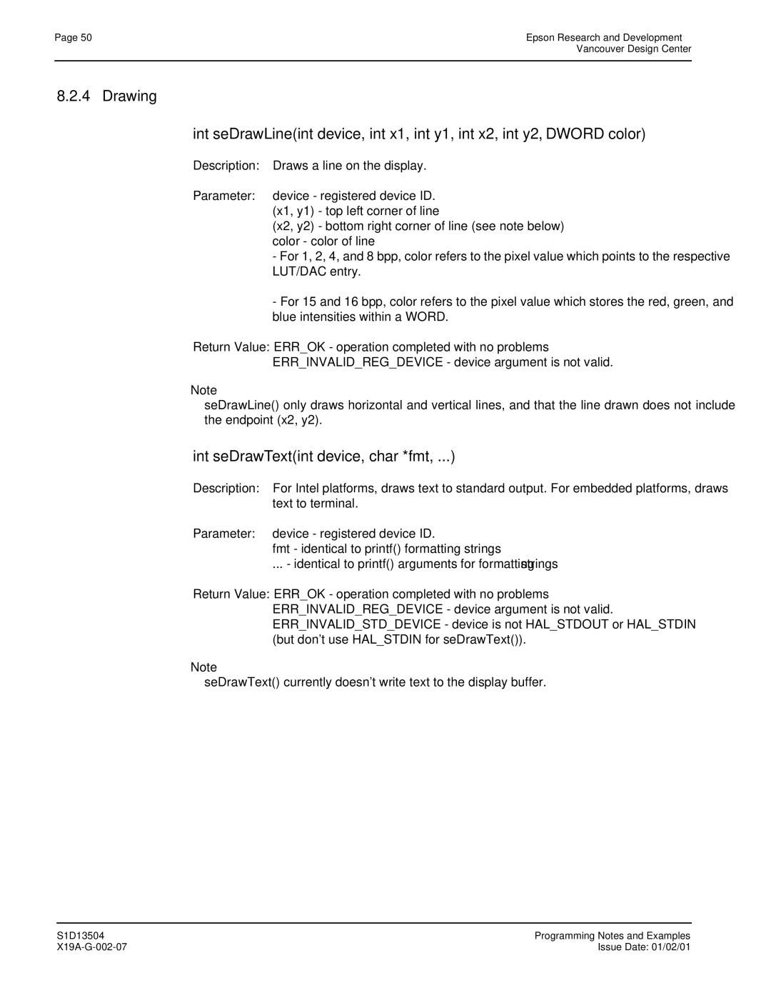 Epson S1D13504 manual Int seDrawTextint device, char *fmt 