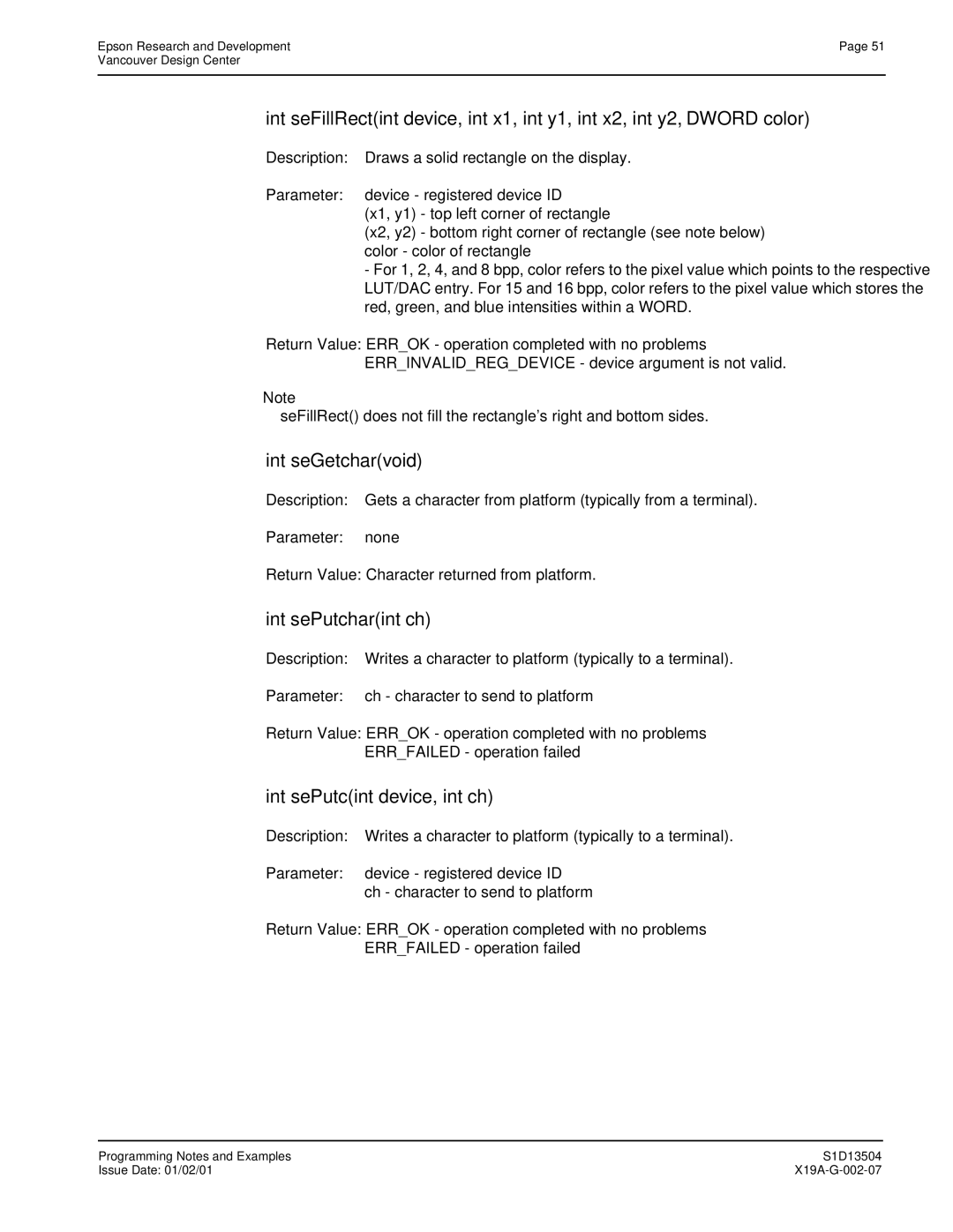 Epson S1D13504 manual Int seGetcharvoid, Int sePutcharint ch, Int sePutcint device, int ch 