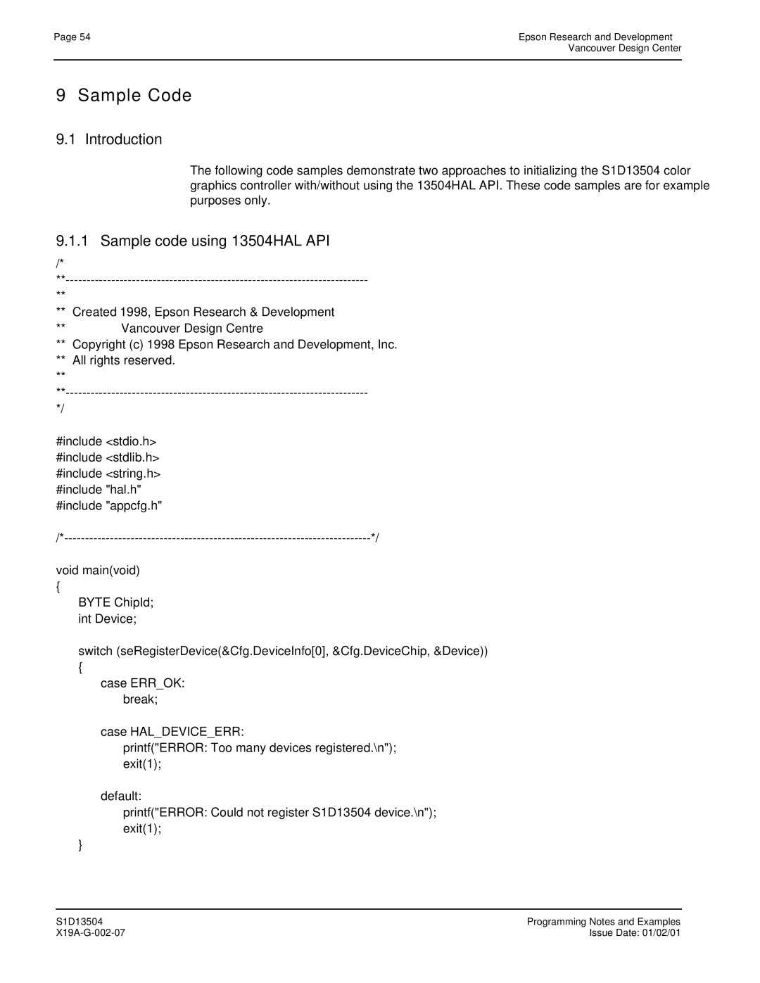 Epson S1D13504 manual Sample Code, Sample code using 13504HAL API 