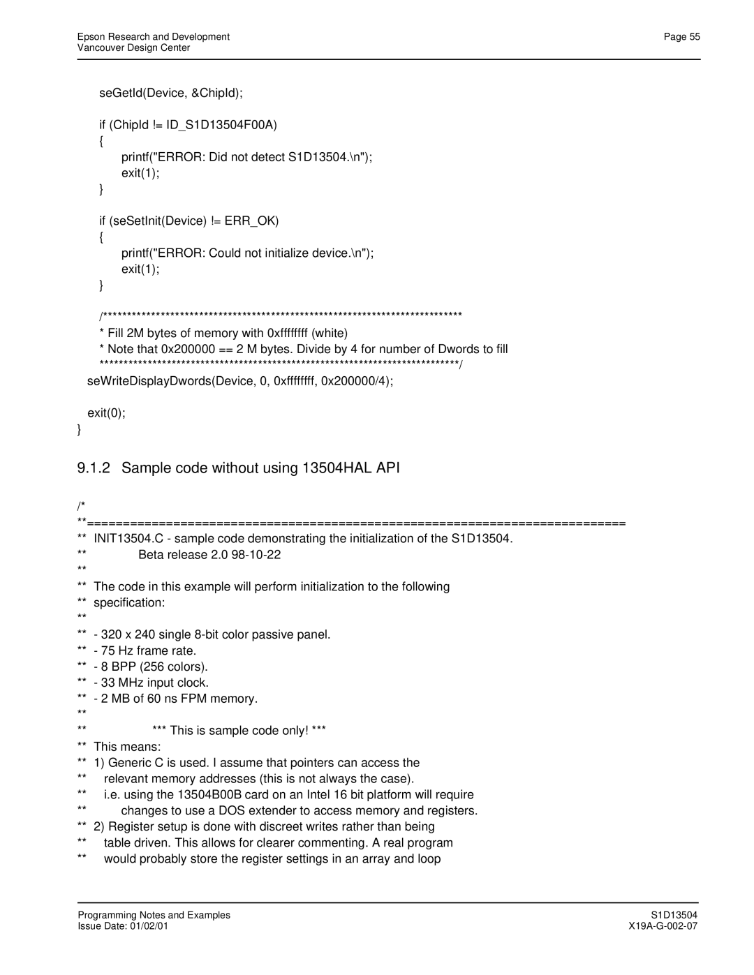 Epson S1D13504 manual Sample code without using 13504HAL API 