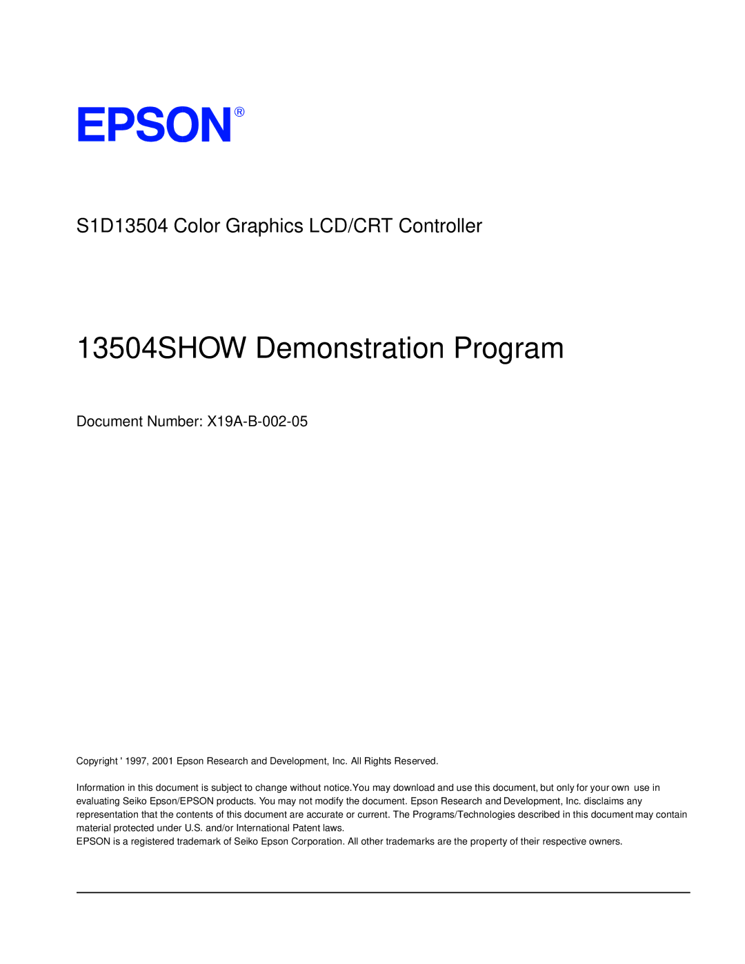 Epson S1D13504 manual 13504SHOW Demonstration Program, Document Number X19A-B-002-05 