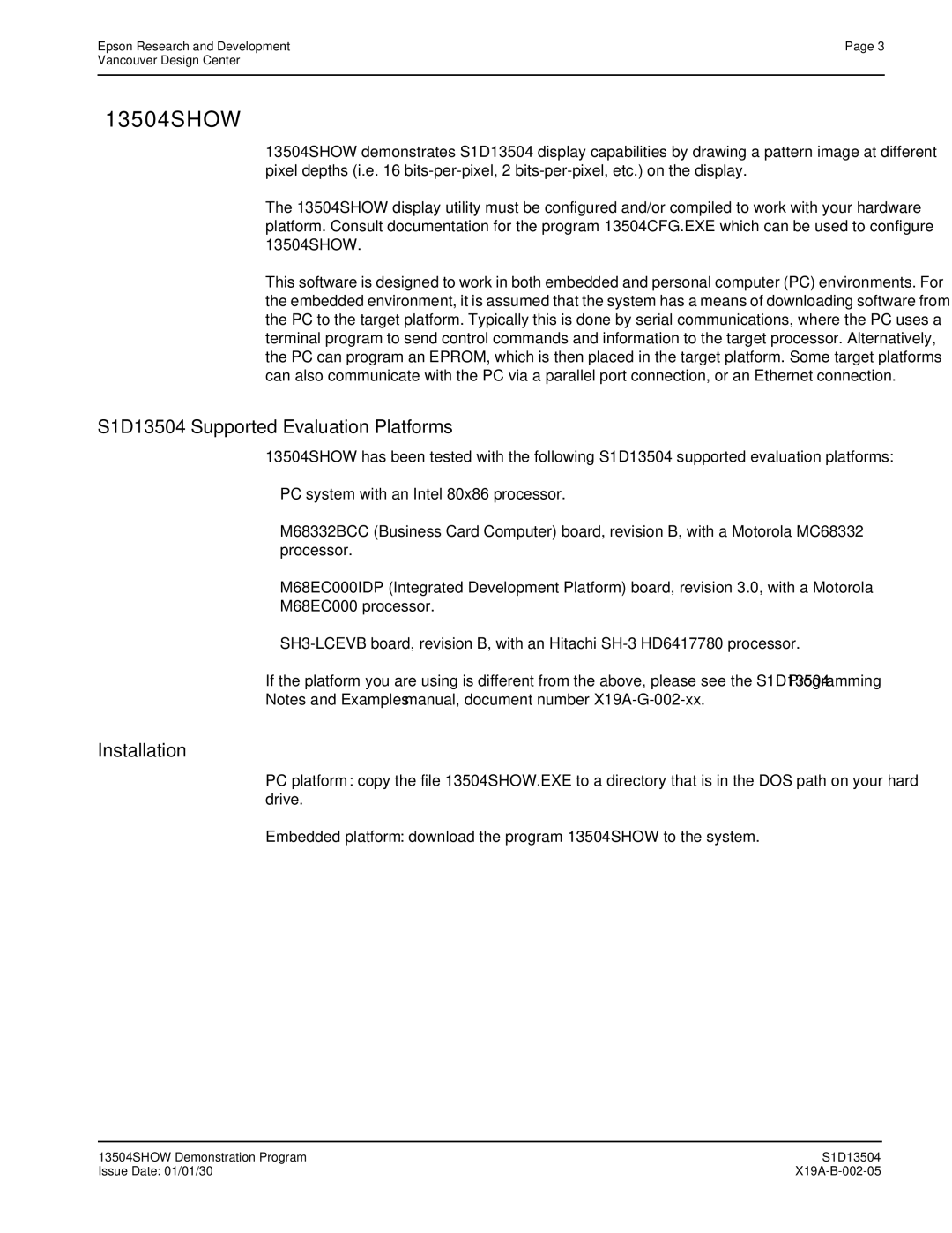 Epson manual 13504SHOW, S1D13504 Supported Evaluation Platforms 