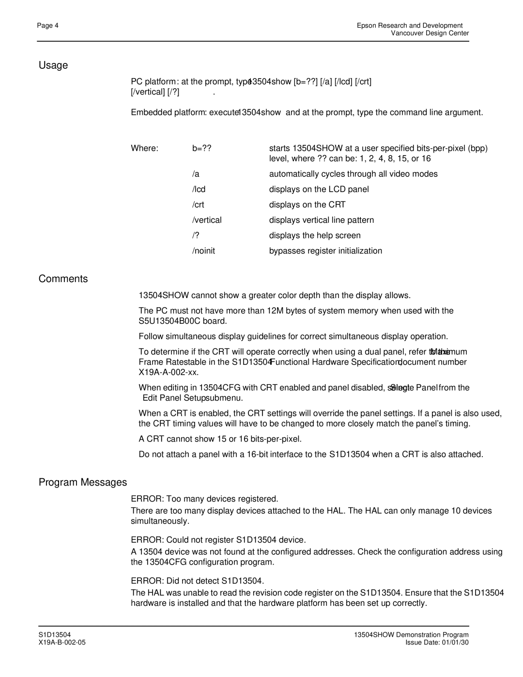 Epson S1D13504 manual Program Messages, Error Too many devices registered 