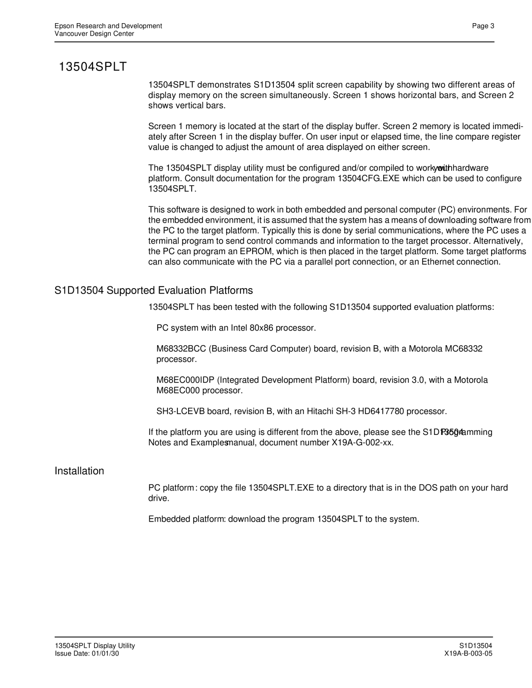 Epson manual 13504SPLT, S1D13504 Supported Evaluation Platforms 