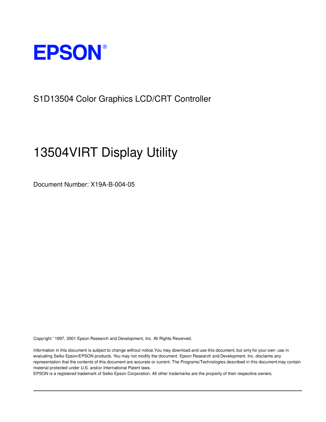 Epson S1D13504 manual 13504VIRT Display Utility, Document Number X19A-B-004-05 