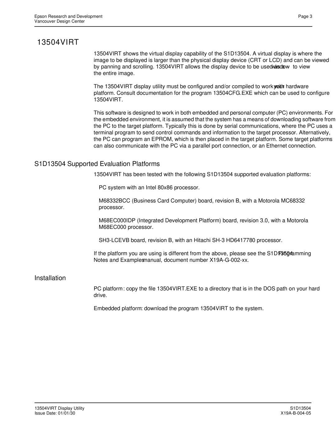 Epson manual 13504VIRT, S1D13504 Supported Evaluation Platforms 