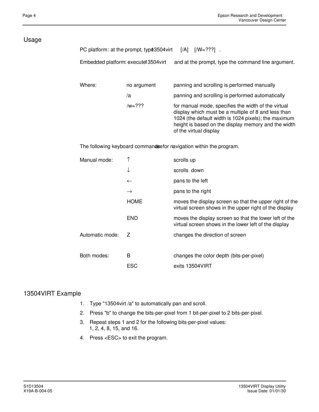 Epson S1D13504 manual Usage, 13504VIRT Example 