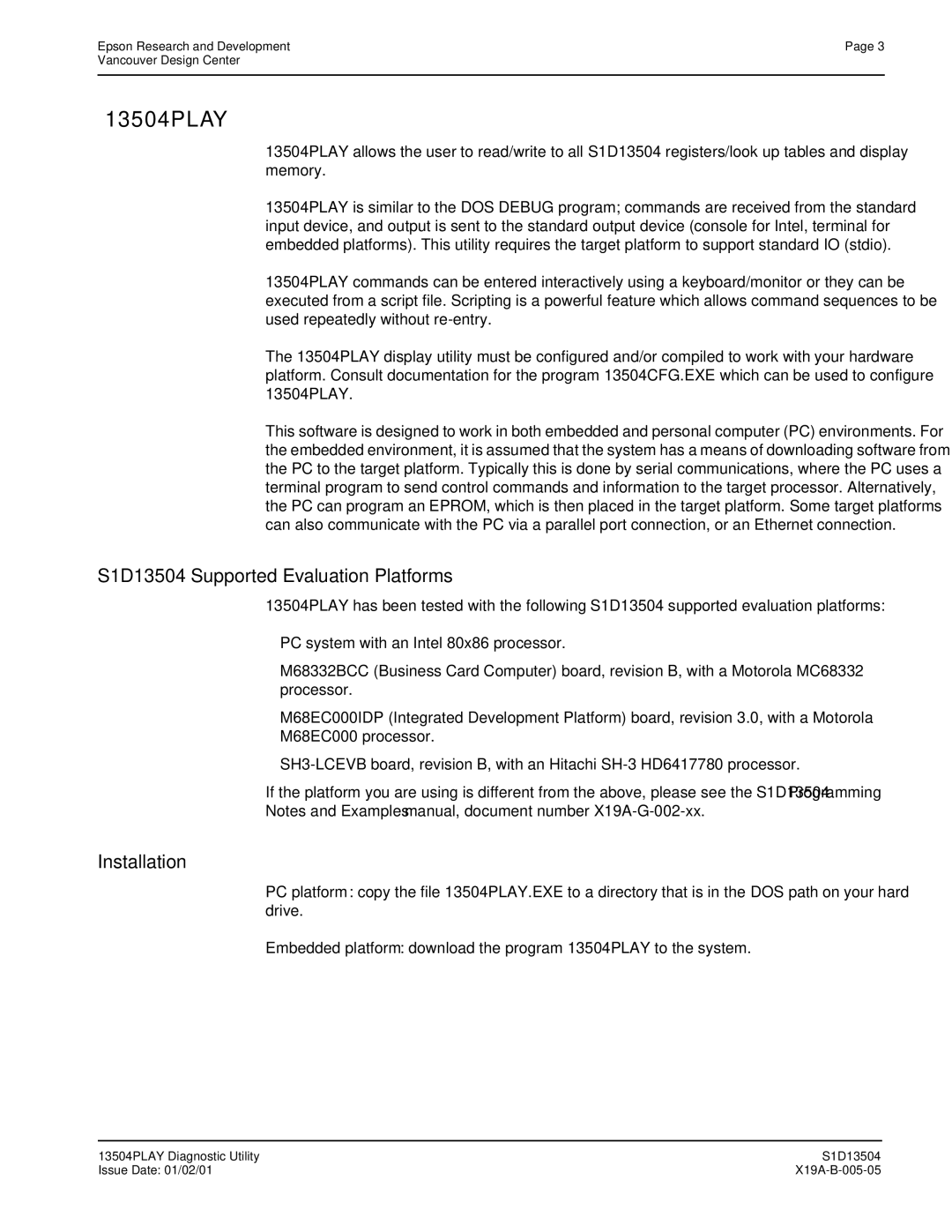 Epson manual 13504PLAY, S1D13504 Supported Evaluation Platforms 