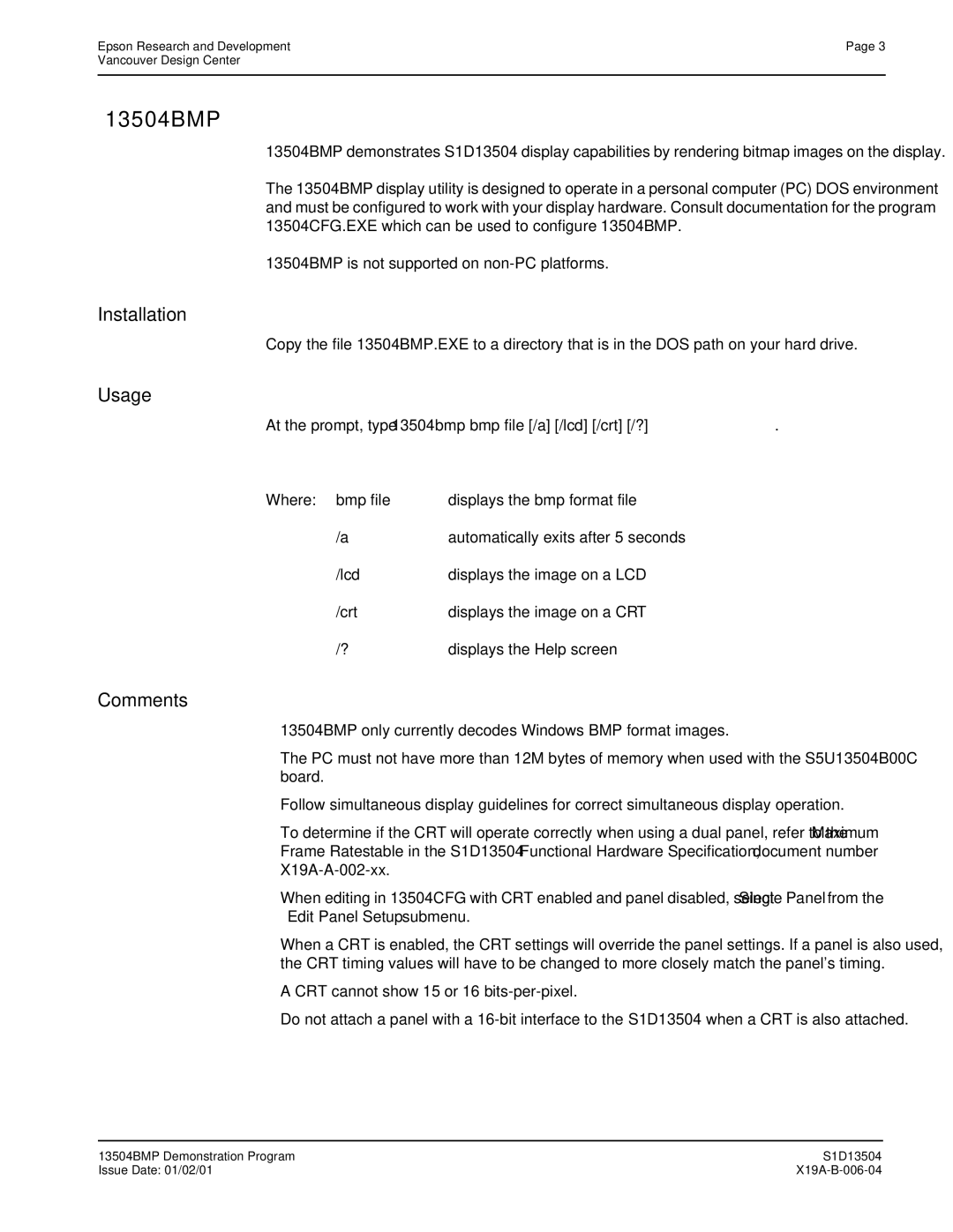 Epson S1D13504 manual 13504BMP, Installation 