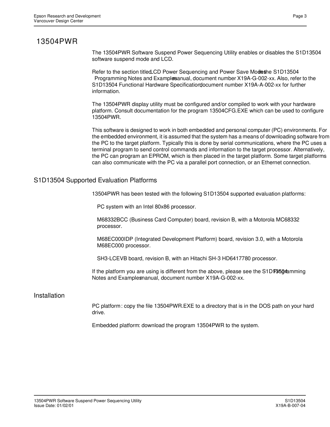 Epson manual 13504PWR, S1D13504 Supported Evaluation Platforms 