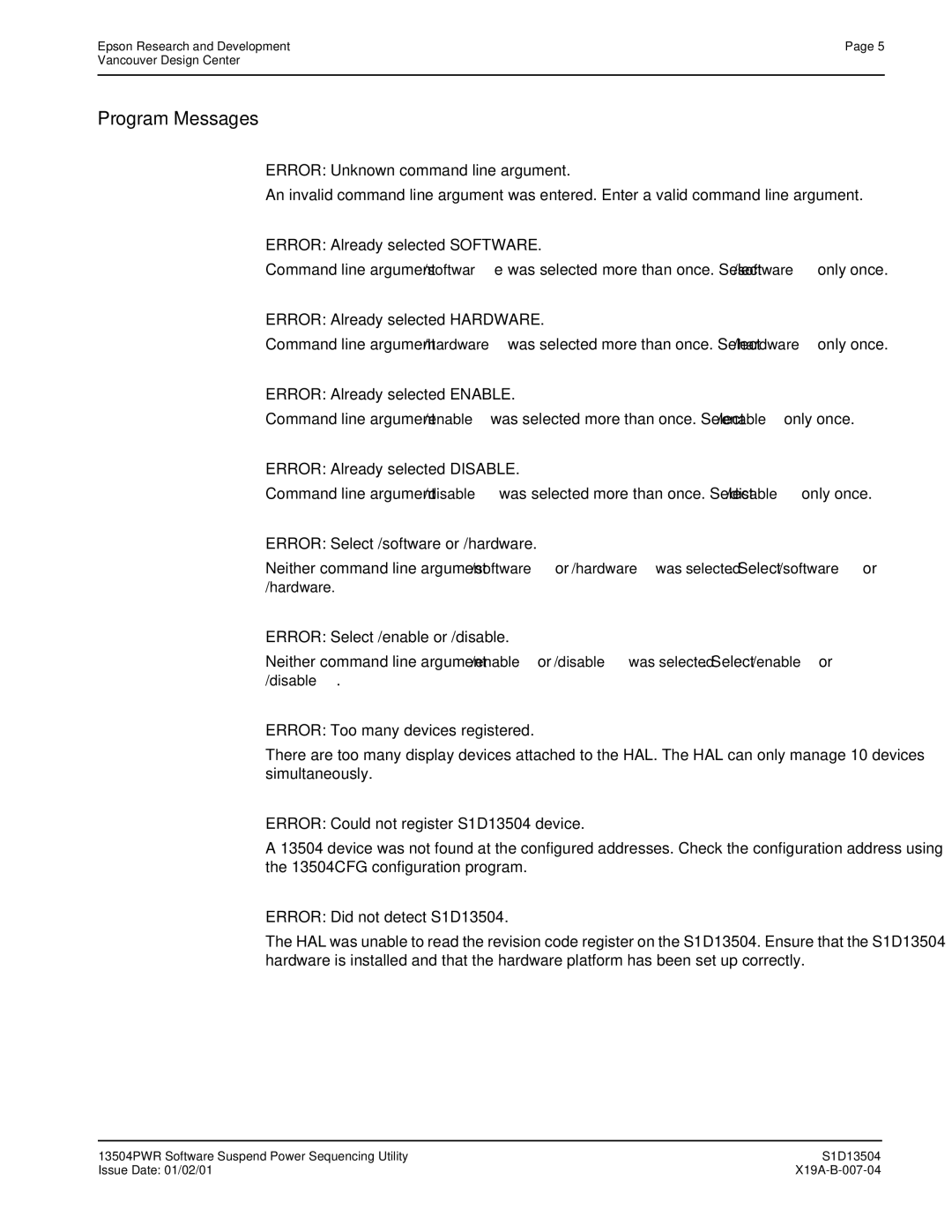 Epson S1D13504 manual Error Unknown command line argument 