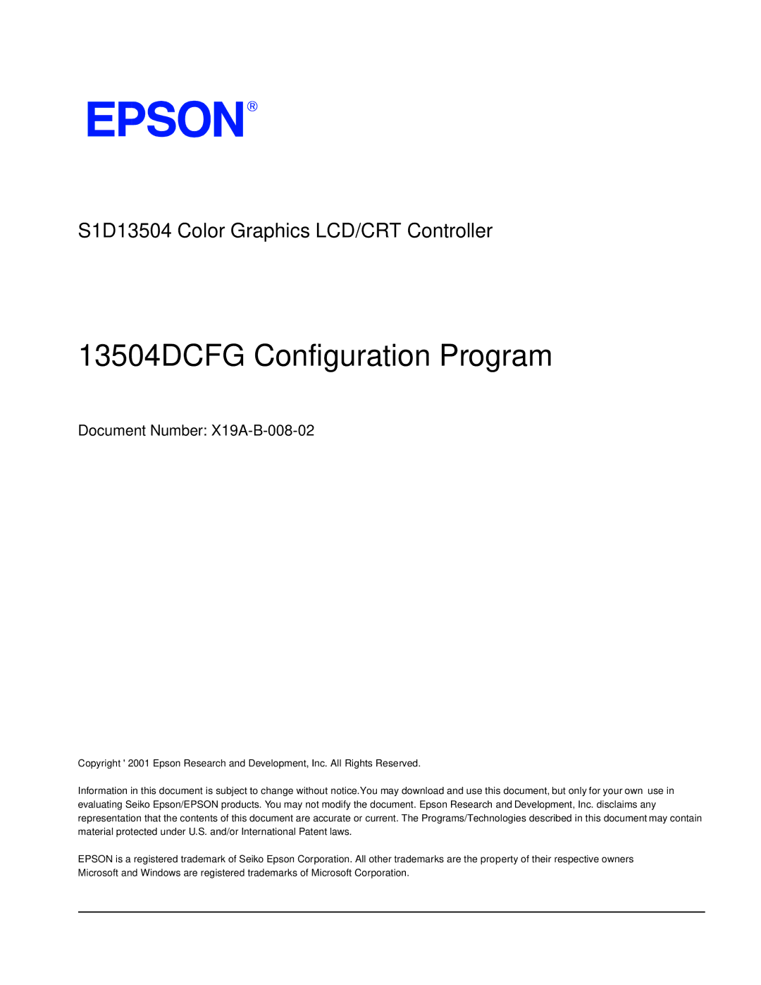 Epson S1D13504 manual 13504DCFG Configuration Program, Document Number X19A-B-008-02 