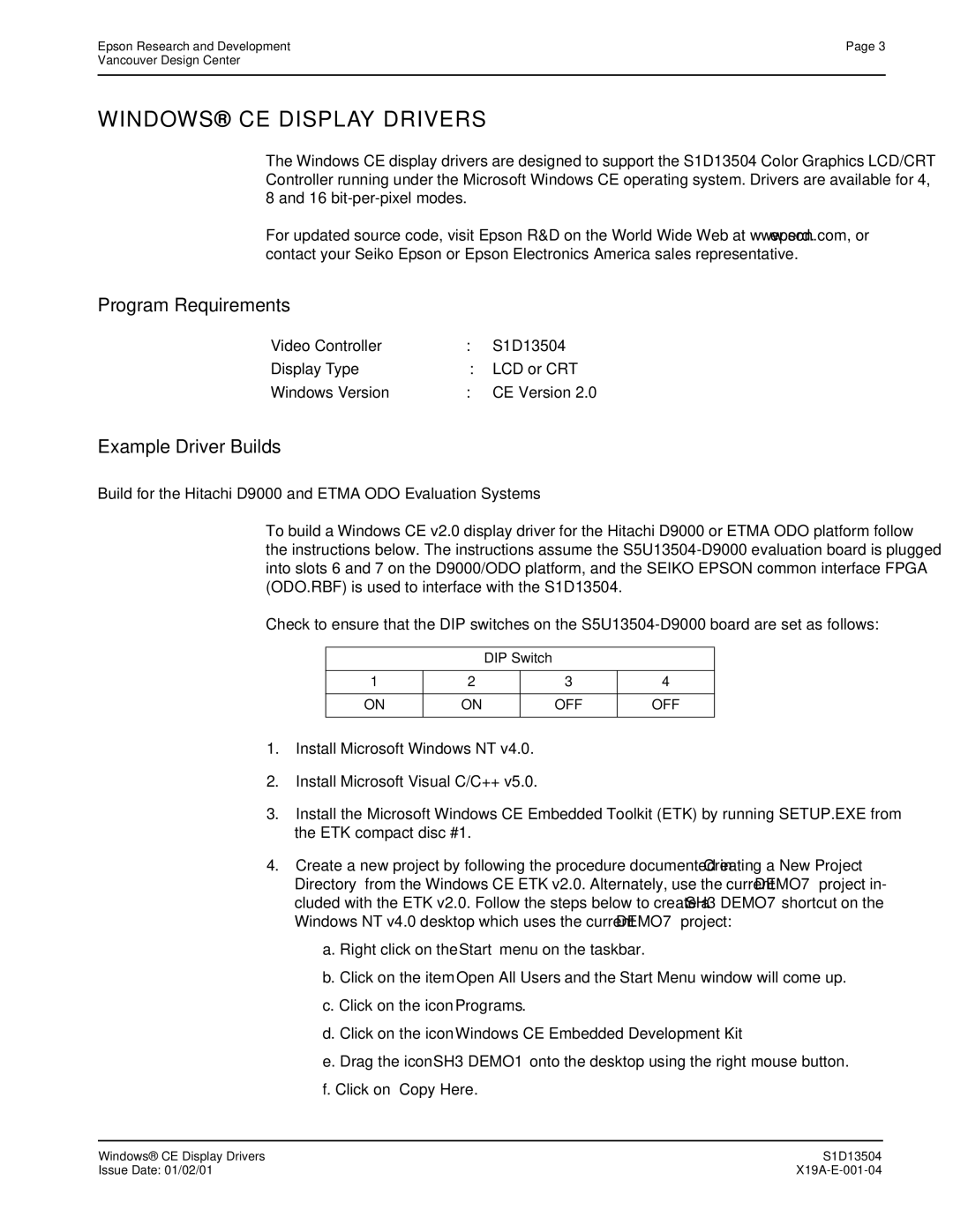 Epson S1D13504 manual Program Requirements, Example Driver Builds, Windows Version, DIP Switch 