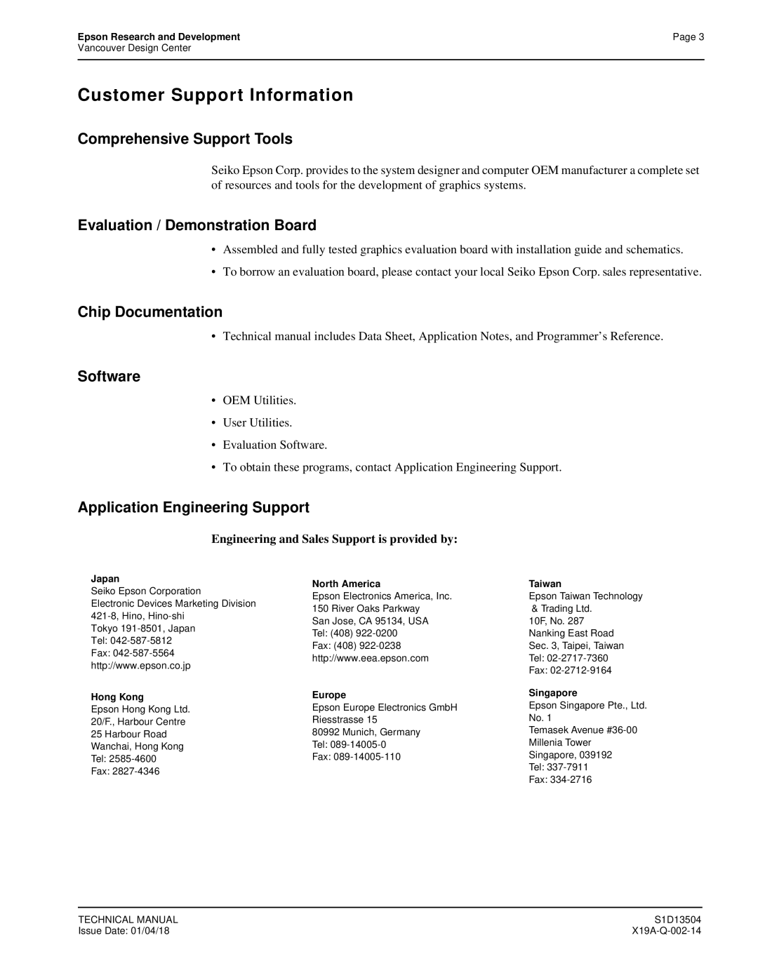 Epson S1D13504 manual Customer Support Information 