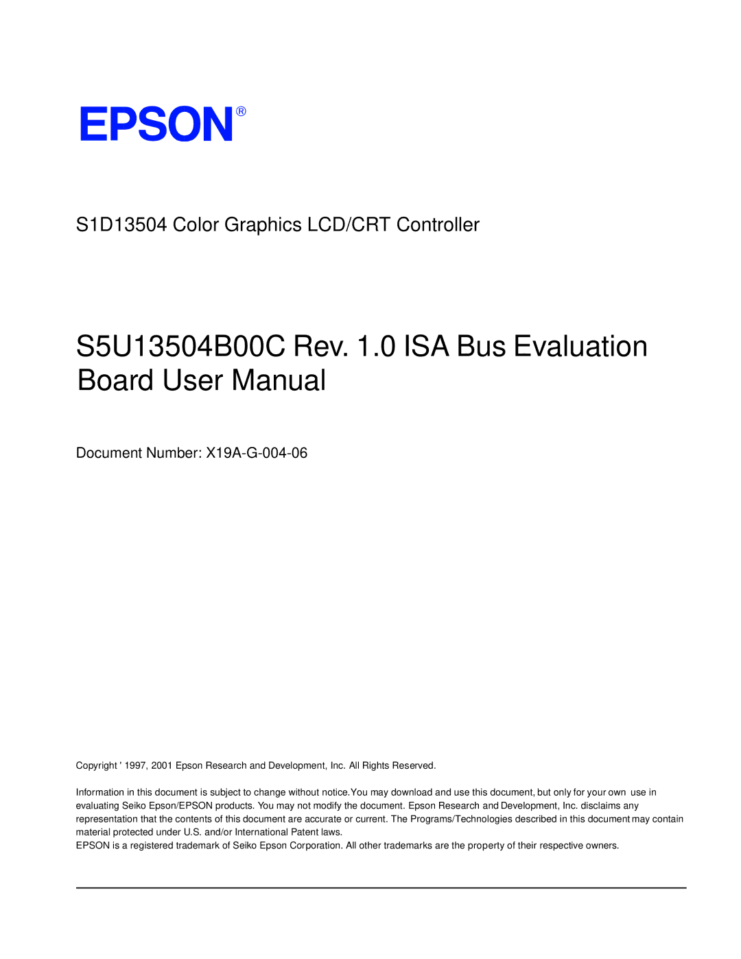 Epson S1D13504 manual Document Number X19A-G-004-06 