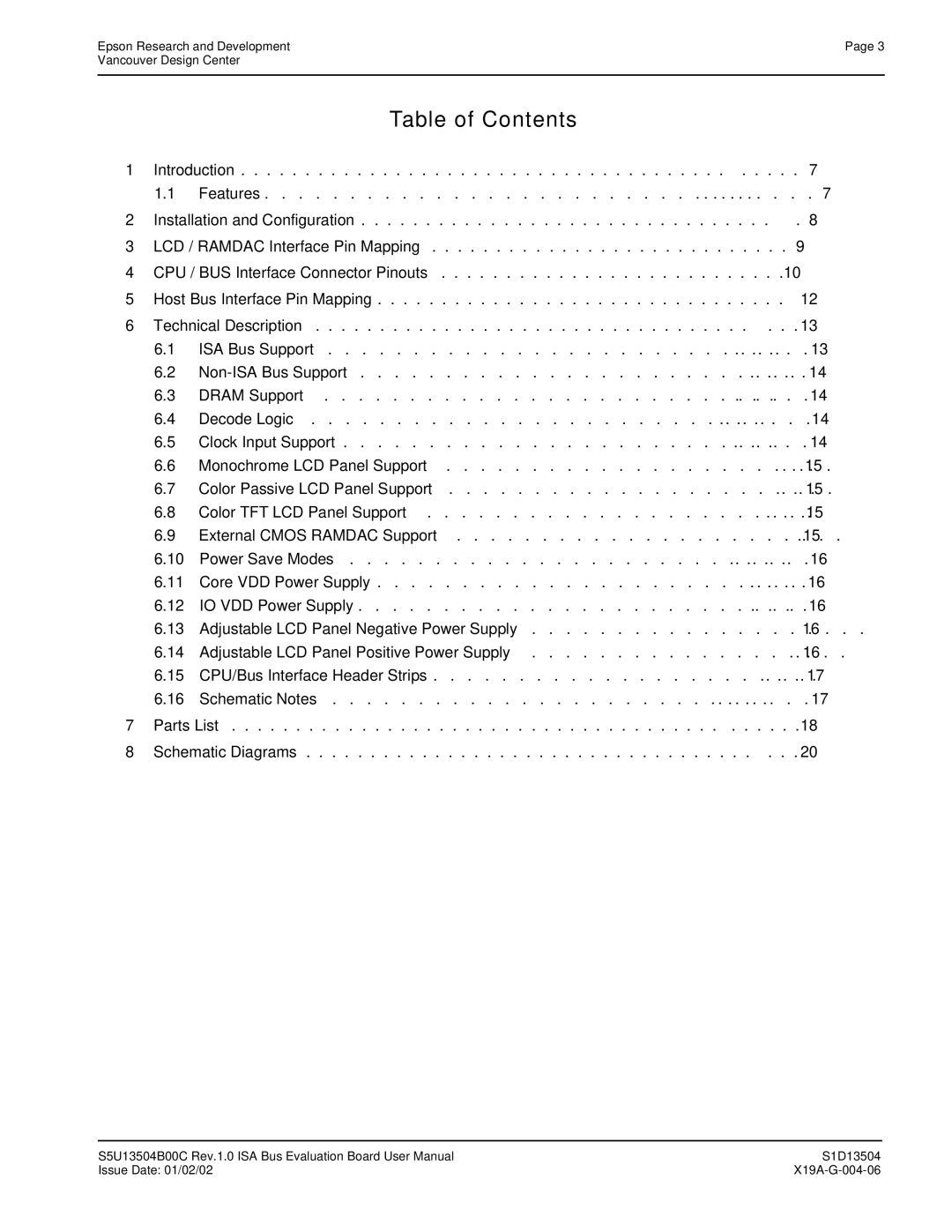 Epson S1D13504 manual Installation and Configuration, Parts List Schematic Diagrams 