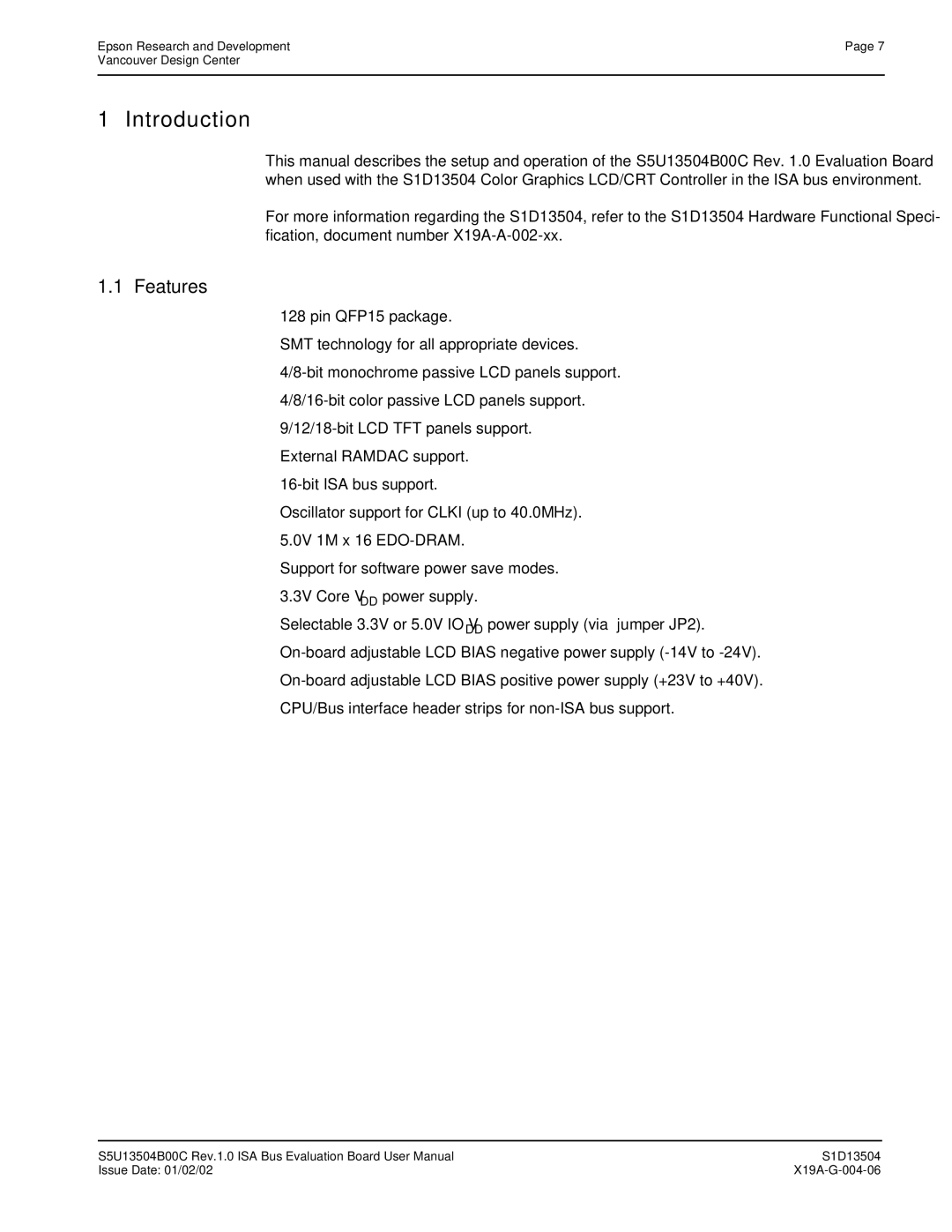 Epson S1D13504 manual Introduction, Features 