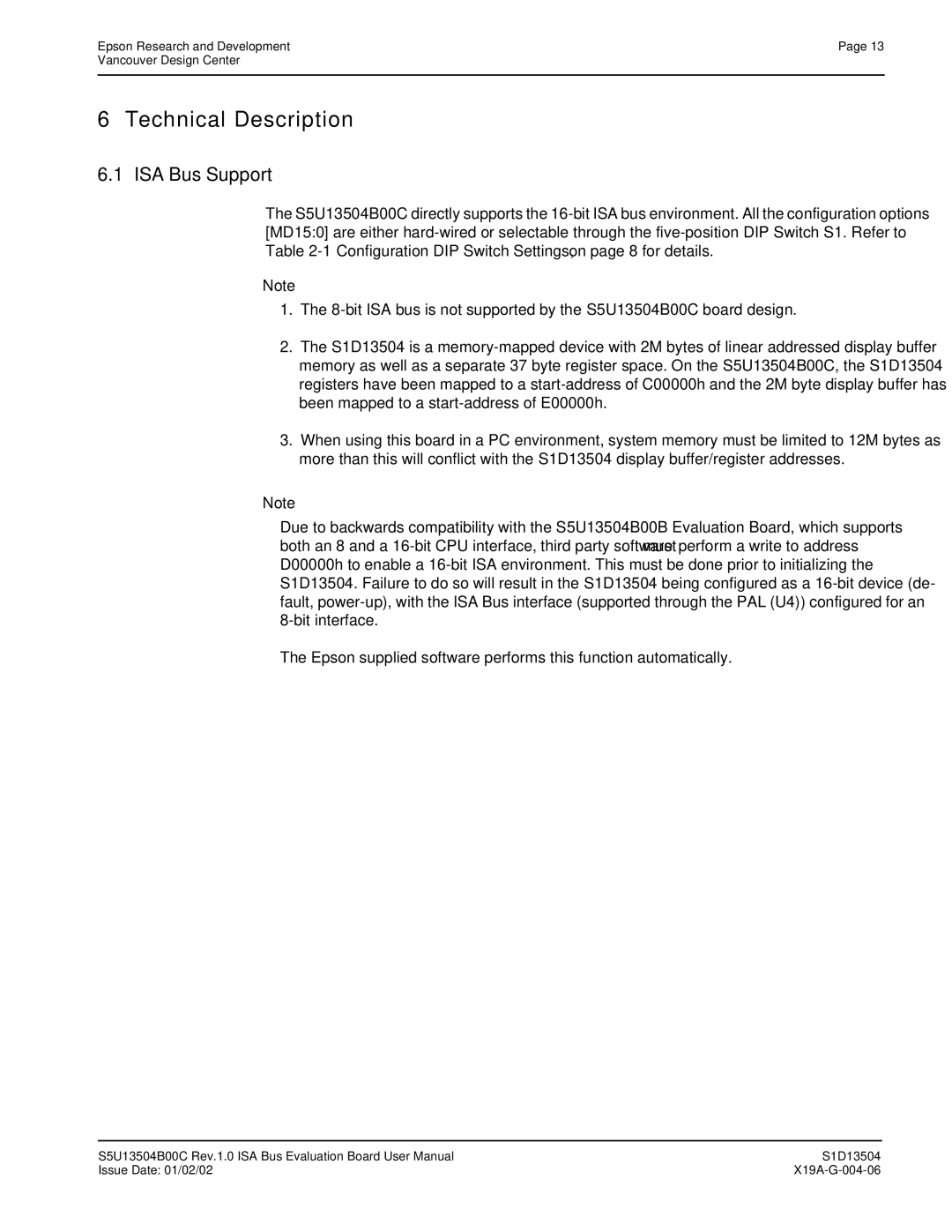 Epson S1D13504 manual Technical Description, ISA Bus Support 