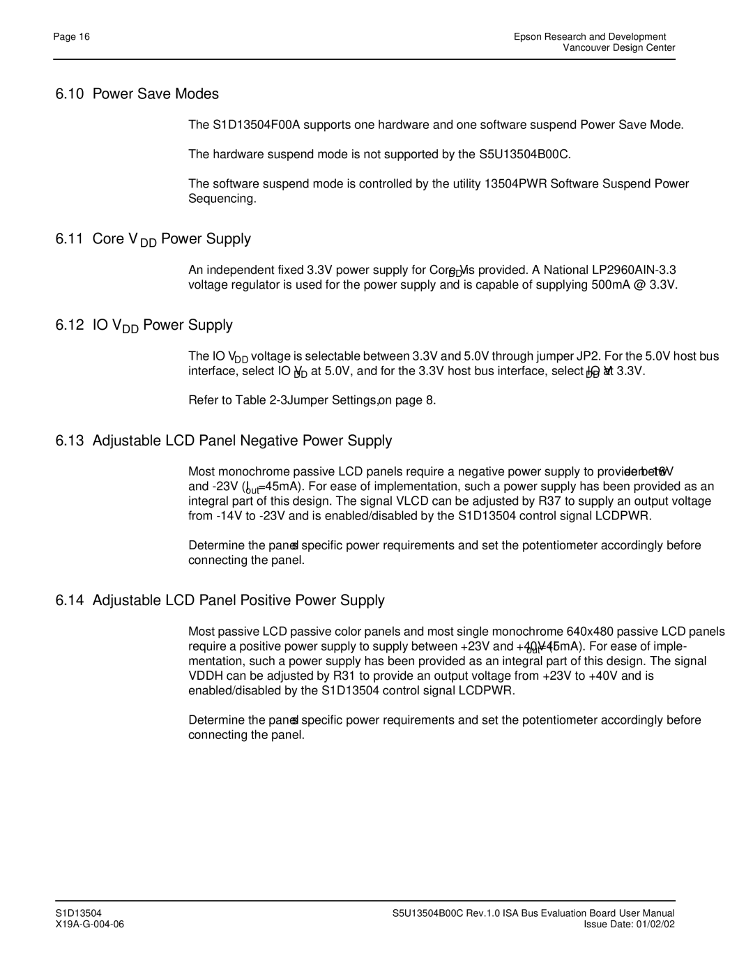 Epson S1D13504 Power Save Modes, Core VDD Power Supply, IO VDD Power Supply, Adjustable LCD Panel Negative Power Supply 