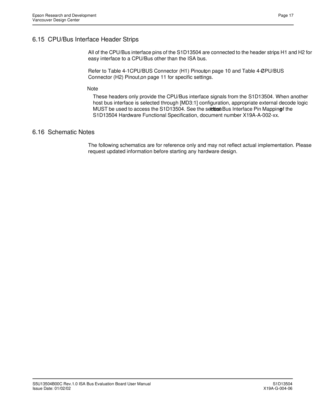 Epson S1D13504 manual 15 CPU/Bus Interface Header Strips, Schematic Notes 