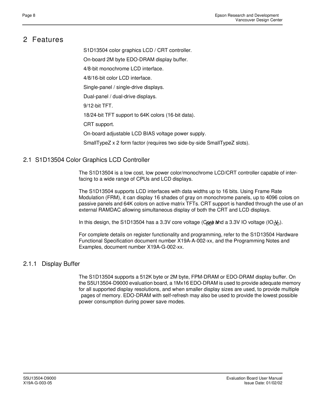 Epson manual S1D13504 Color Graphics LCD Controller, Display Buffer 