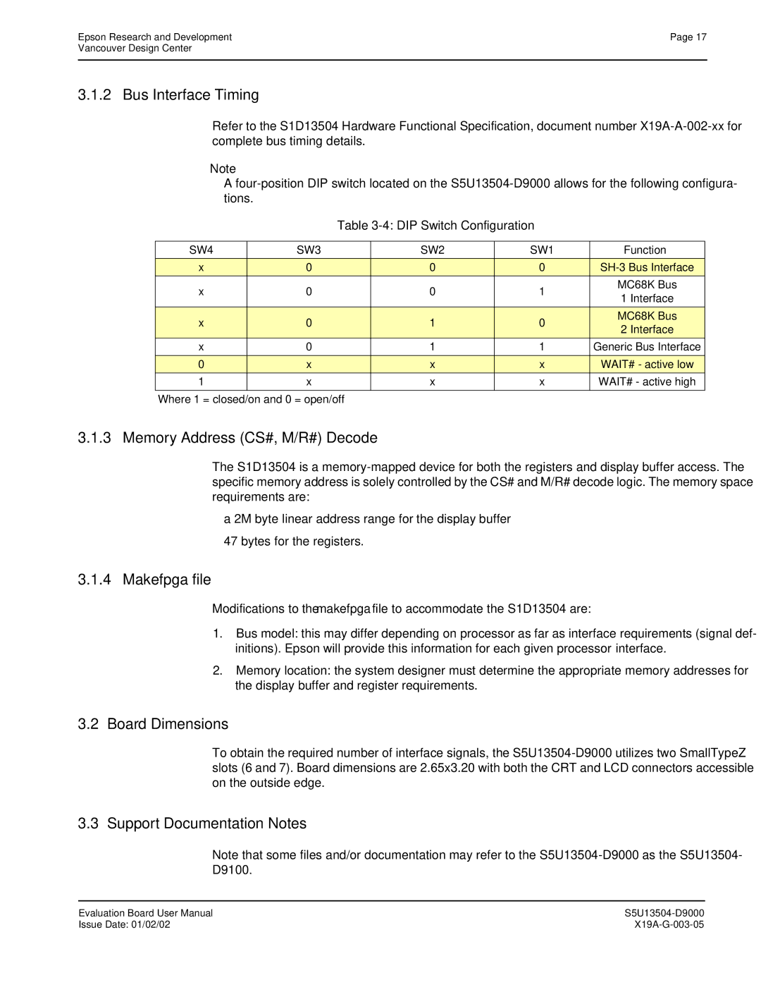 Epson S1D13504 manual Bus Interface Timing, Memory Address CS#, M/R# Decode, Makefpga file, Board Dimensions 