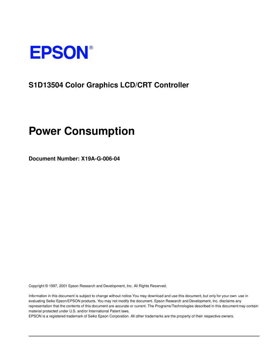 Epson S1D13504 manual Power Consumption, Document Number X19A-G-006-04 