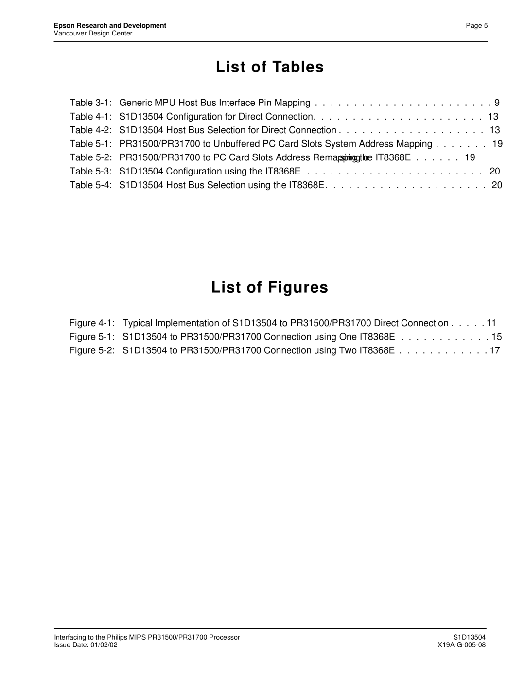 Epson manual List of Tables, S1D13504 to PR31500/PR31700 Connection using One IT8368E 