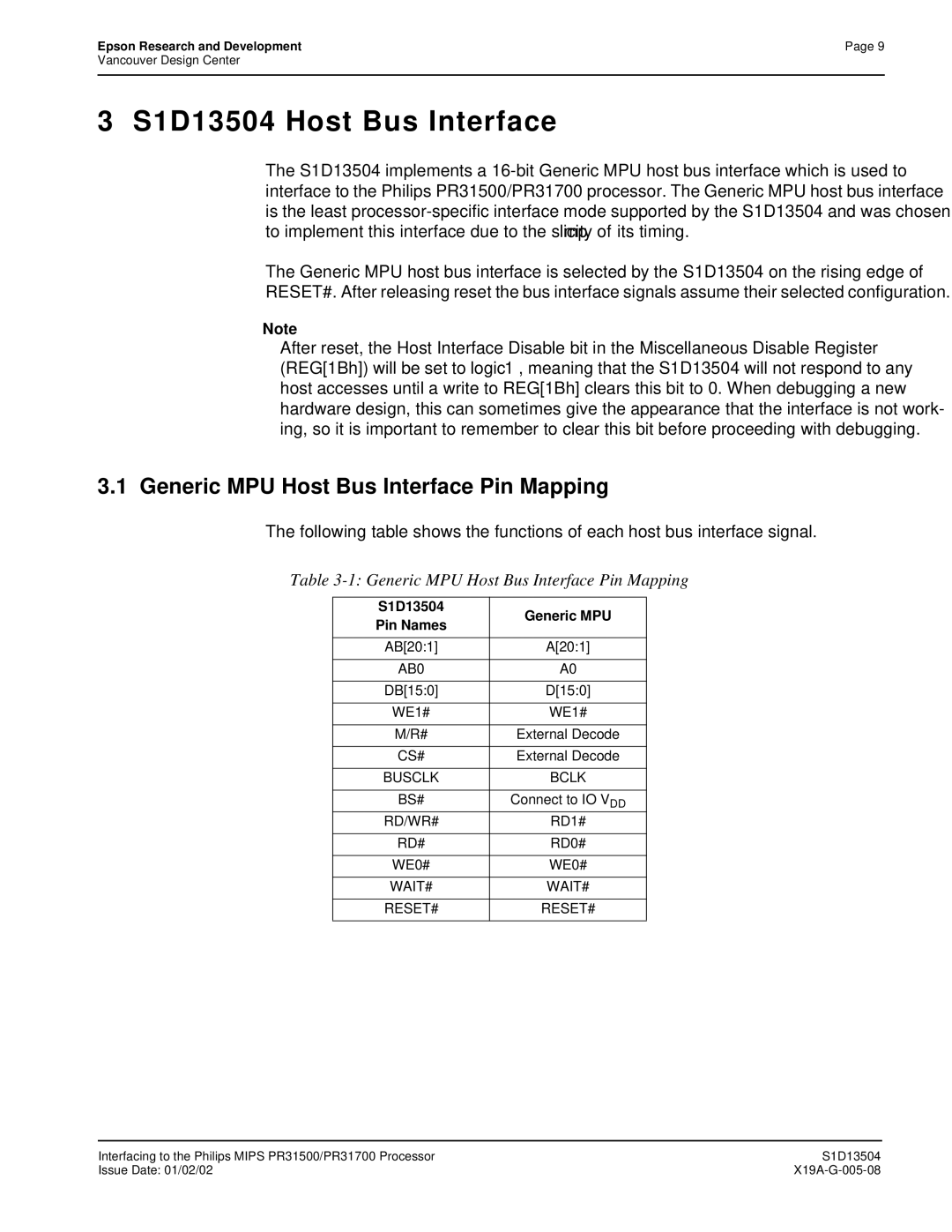 Epson manual S1D13504 Host Bus Interface, Generic MPU Host Bus Interface Pin Mapping, S1D13504 Generic MPU Pin Names 