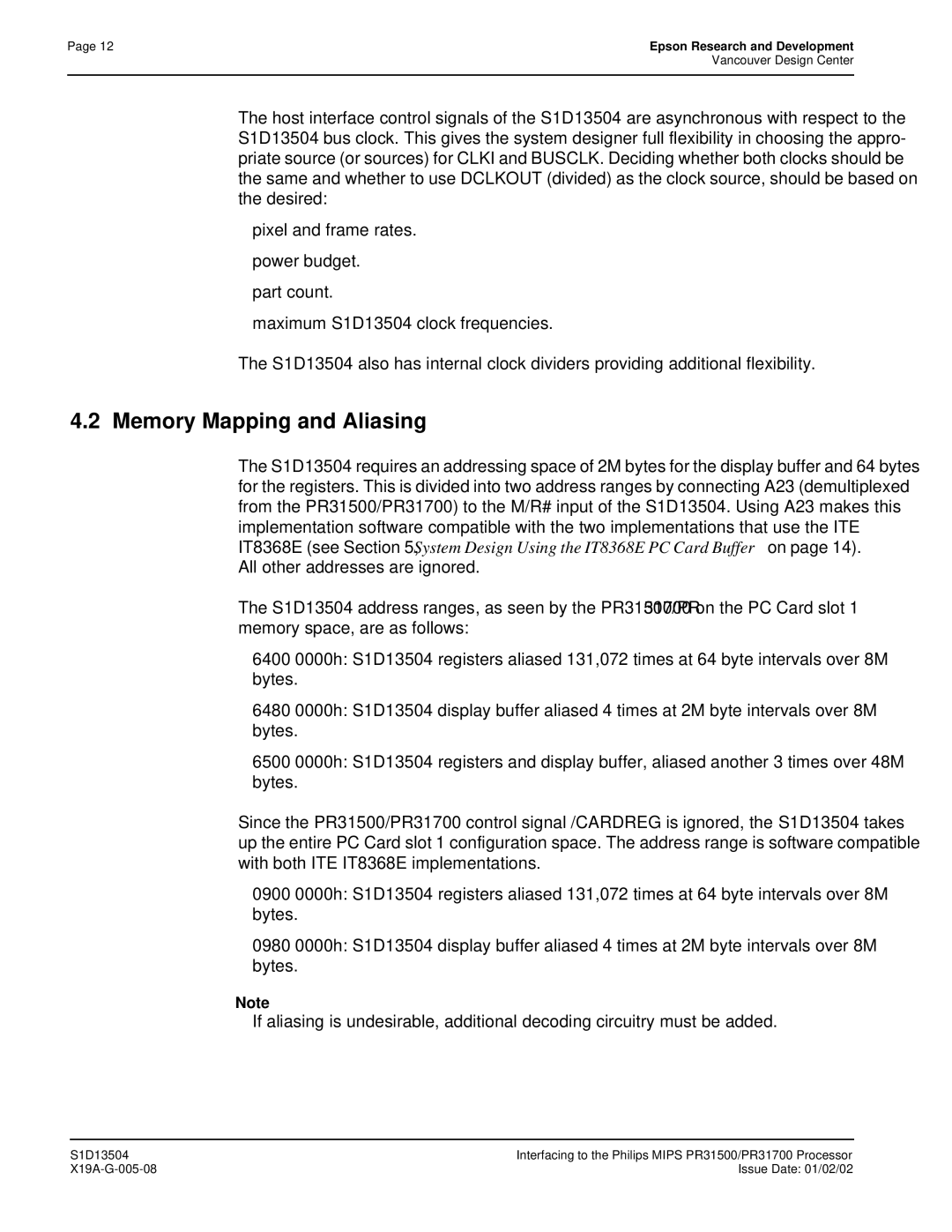 Epson S1D13504 manual Memory Mapping and Aliasing 