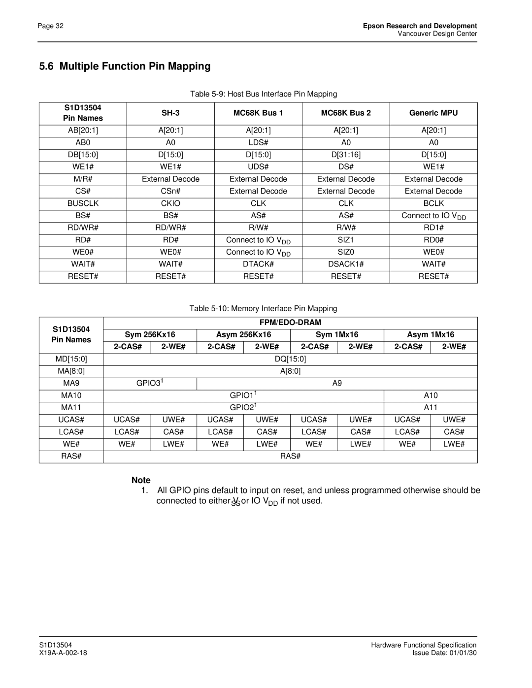 Epson manual Multiple Function Pin Mapping, S1D13504 SH-3 MC68K Bus Generic MPU Pin Names, Asym 256Kx16, Asym 1Mx16 
