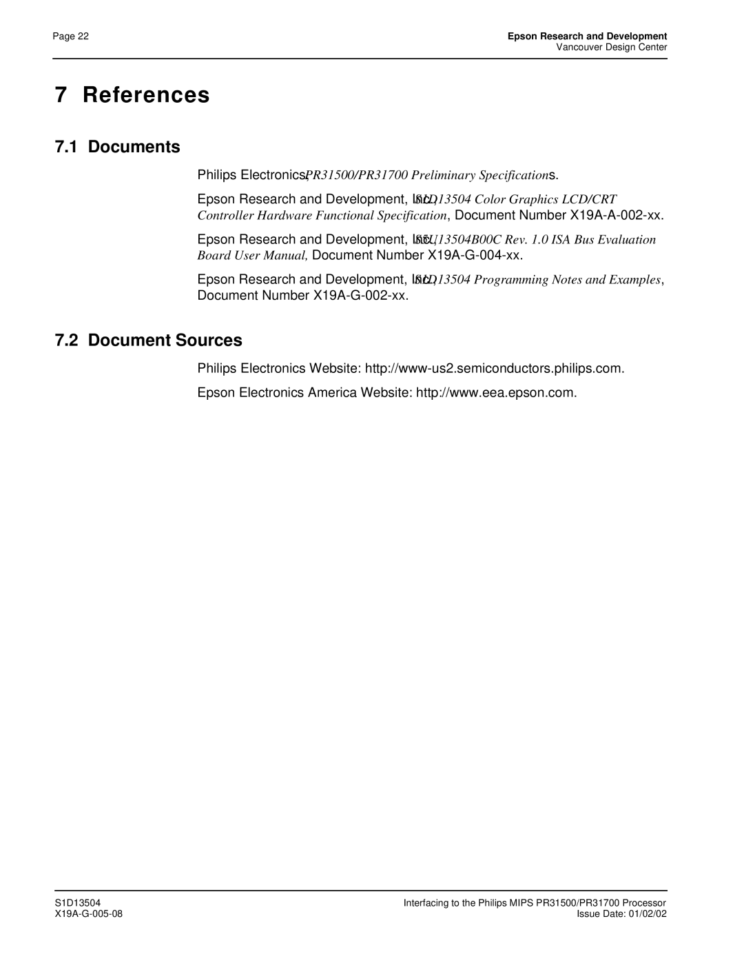 Epson S1D13504 manual References, Documents, Document Sources 