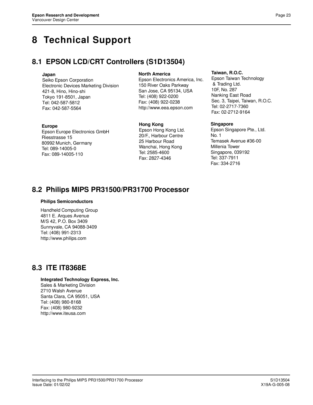 Epson manual Technical Support, Epson LCD/CRT Controllers S1D13504, Philips Mips PR31500/PR31700 Processor, ITE IT8368E 