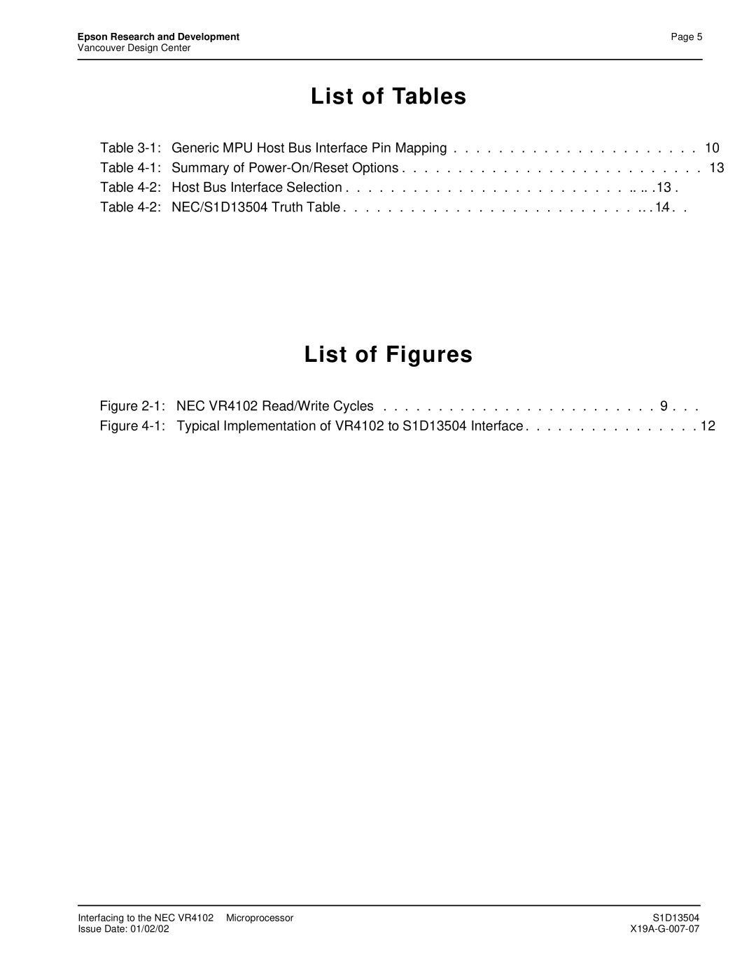 Epson S1D13504 manual NEC VR4102 Read/Write Cycles 