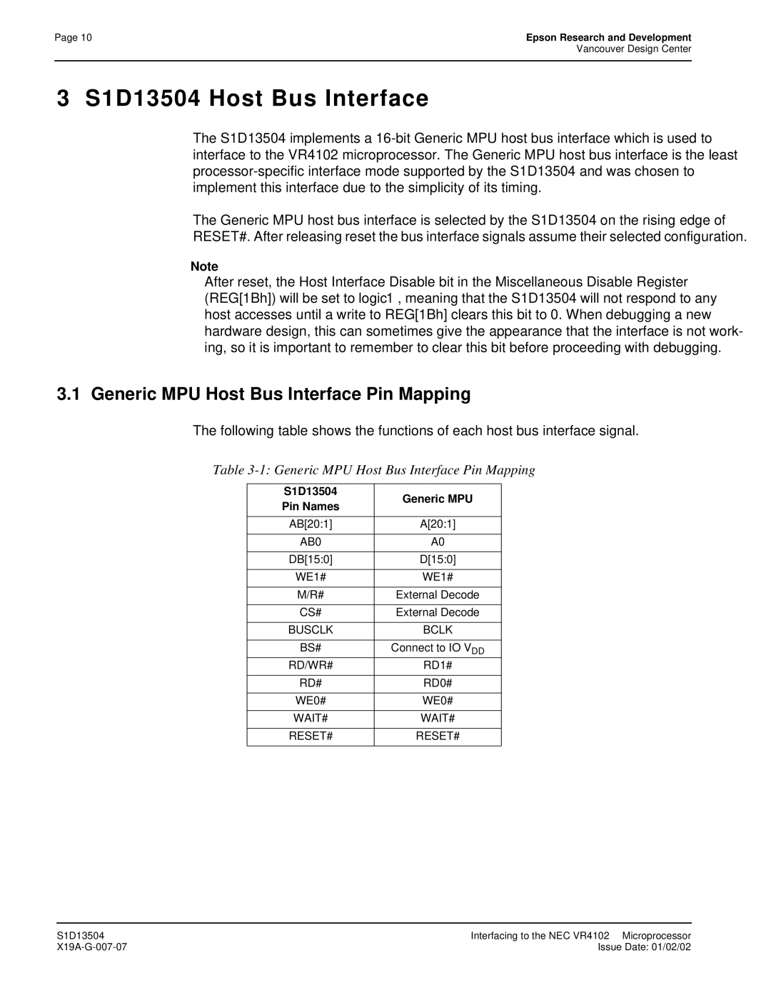 Epson manual S1D13504 Host Bus Interface 