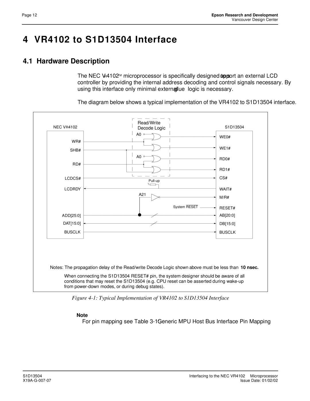 Epson manual VR4102 to S1D13504 Interface, Read/Write, Decode Logic 