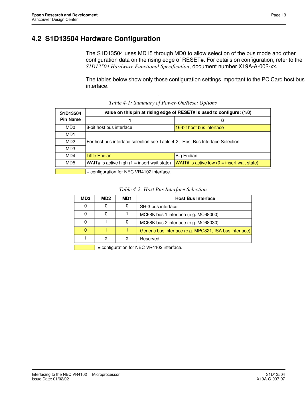 Epson manual S1D13504 Hardware Configuration, Generic bus interface e.g. MPC821, ISA bus interface 