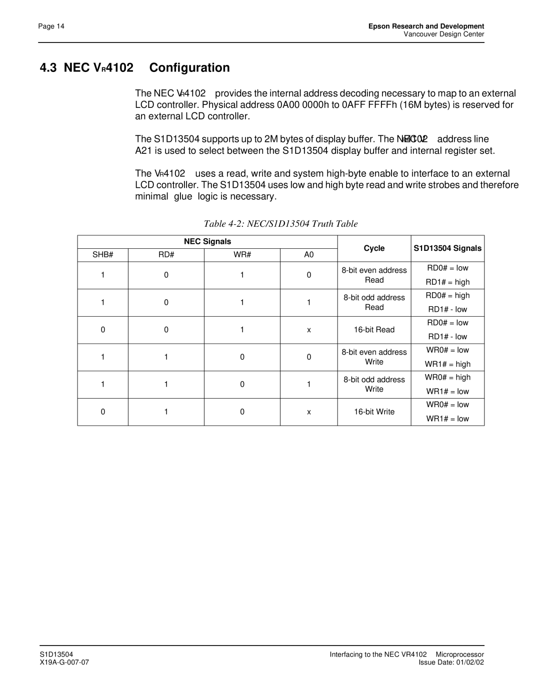 Epson manual NEC VR4102 Configuration, NEC Signals Cycle S1D13504 Signals, Wr#, Write 