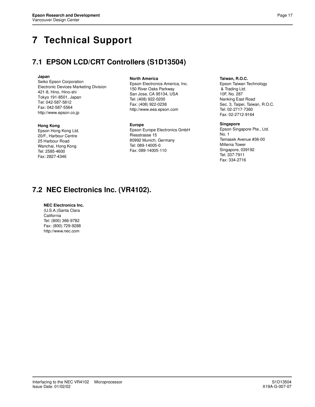 Epson S1D13504 manual NEC Electronics Inc. VR4102, Japan North America Taiwan, R.O.C 