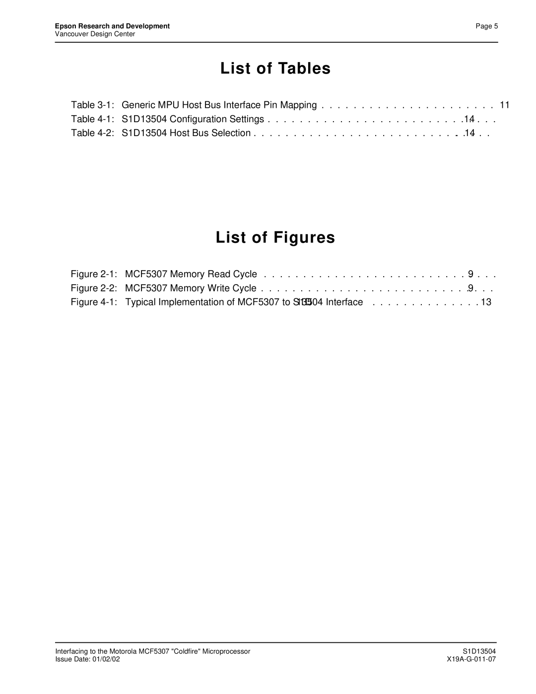 Epson S1D13504 manual List of Tables 