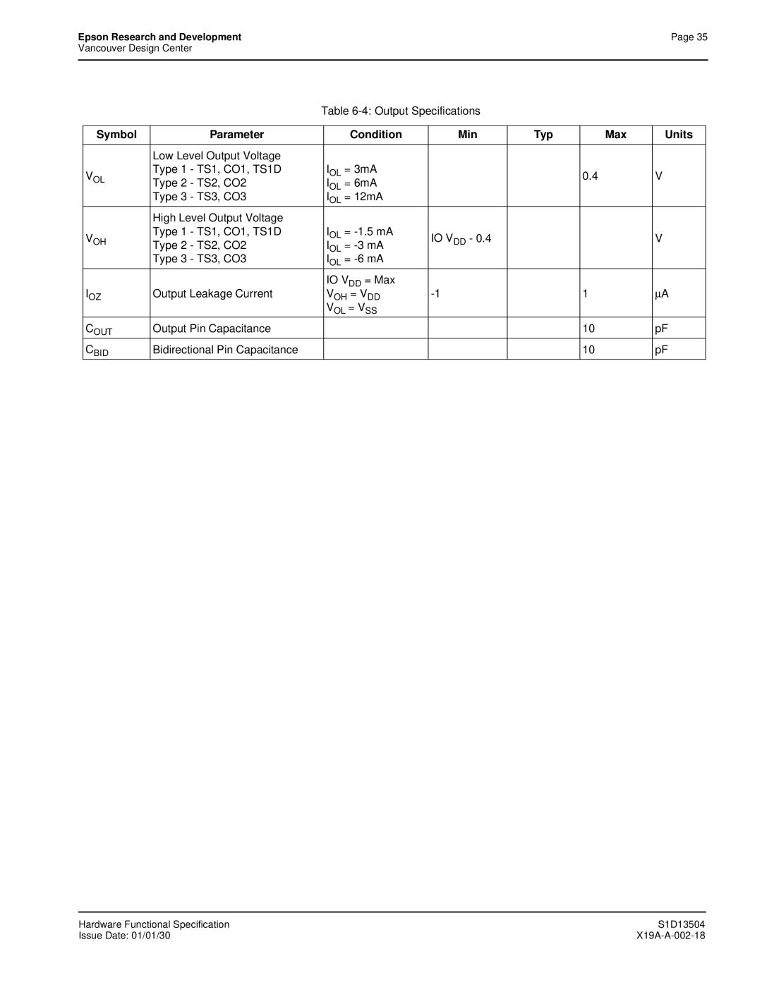 Epson S1D13504 Low Level Output Voltage, Output Leakage Current, Output Pin Capacitance, Bidirectional Pin Capacitance 