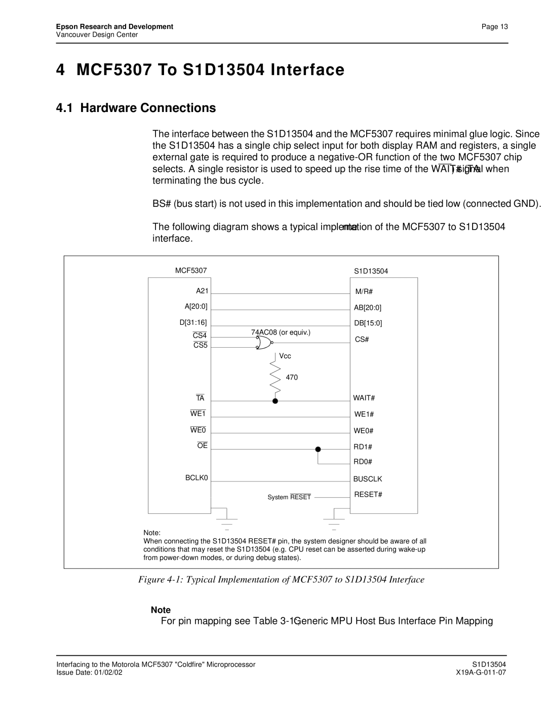 Epson manual MCF5307 To S1D13504 Interface, Hardware Connections 