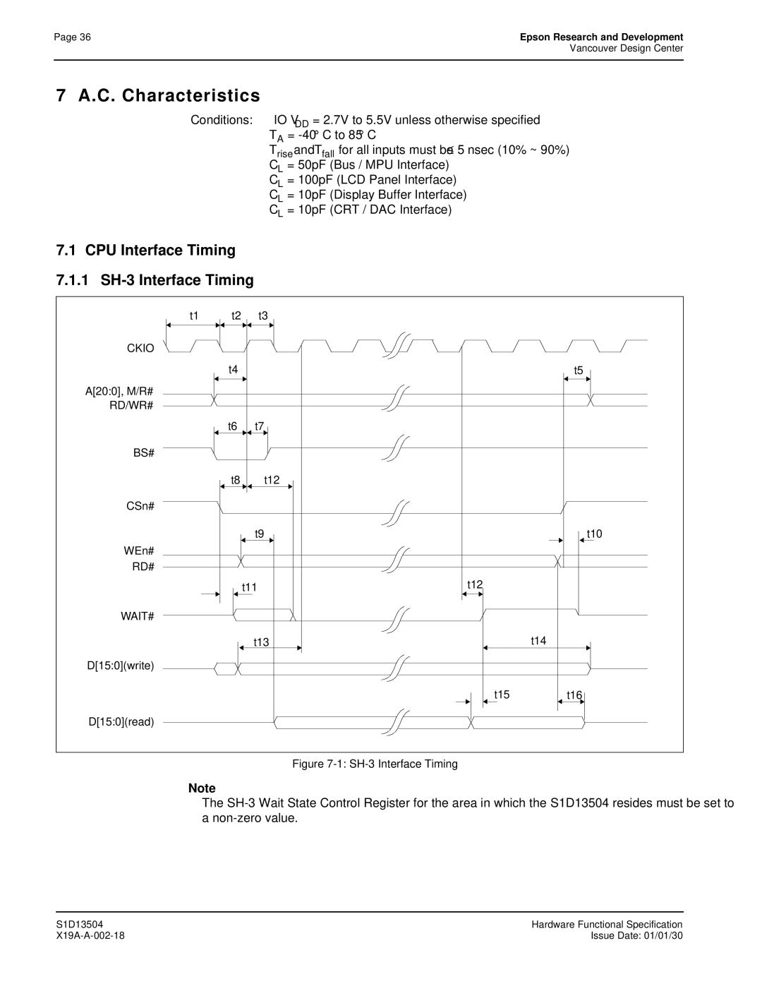 Epson S1D13504 manual CPU Interface Timing 1 SH-3 Interface Timing, Rd/Wr# Bs#, Wait# 