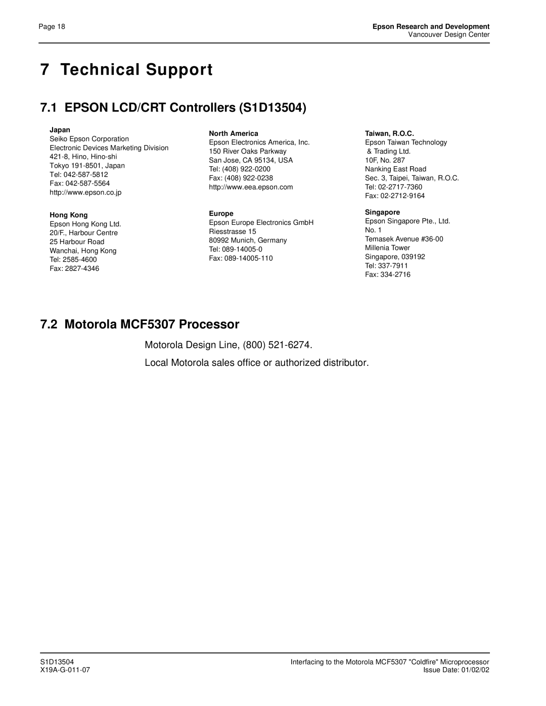 Epson S1D13504 manual Technical Support, Motorola MCF5307 Processor 