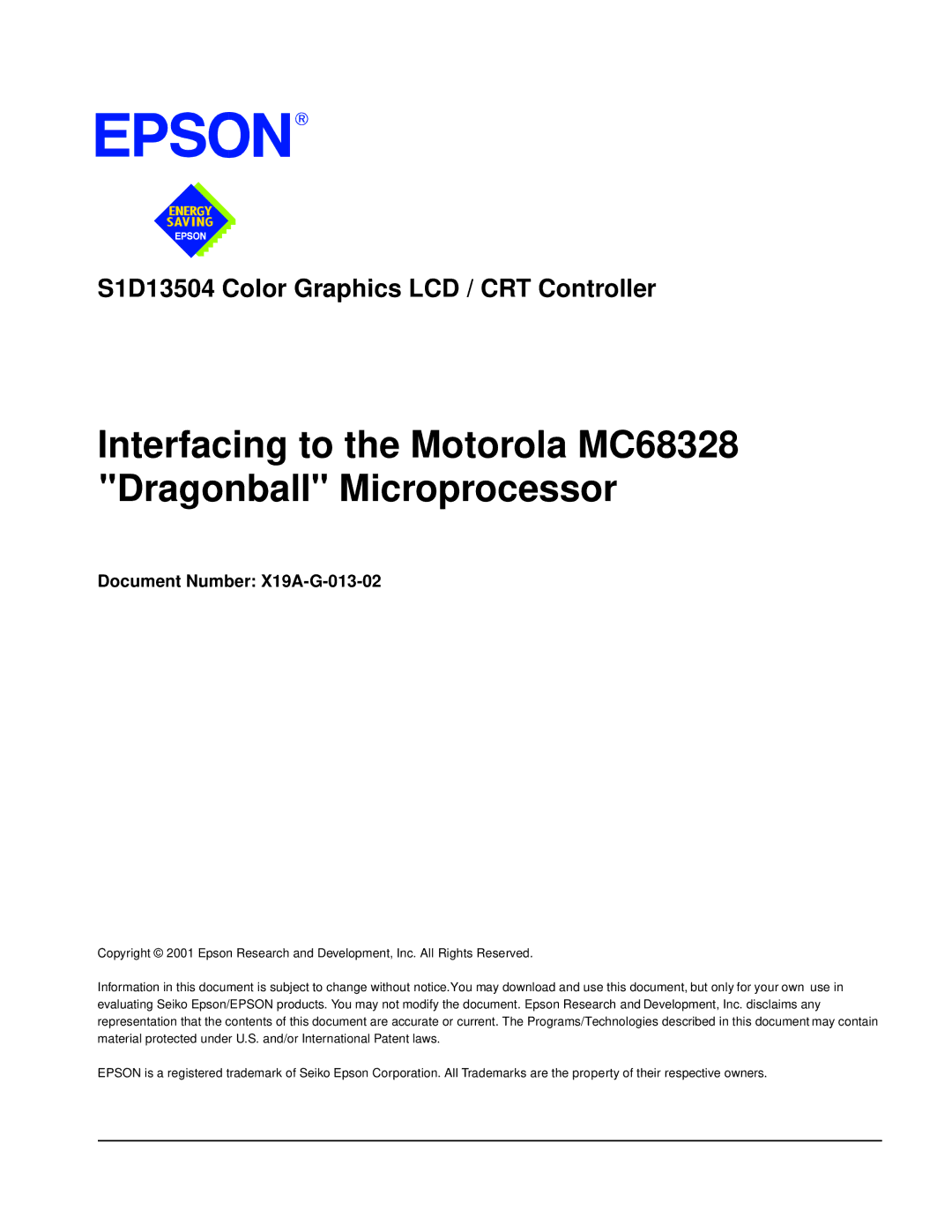 Epson manual S1D13504 Color Graphics LCD / CRT Controller 