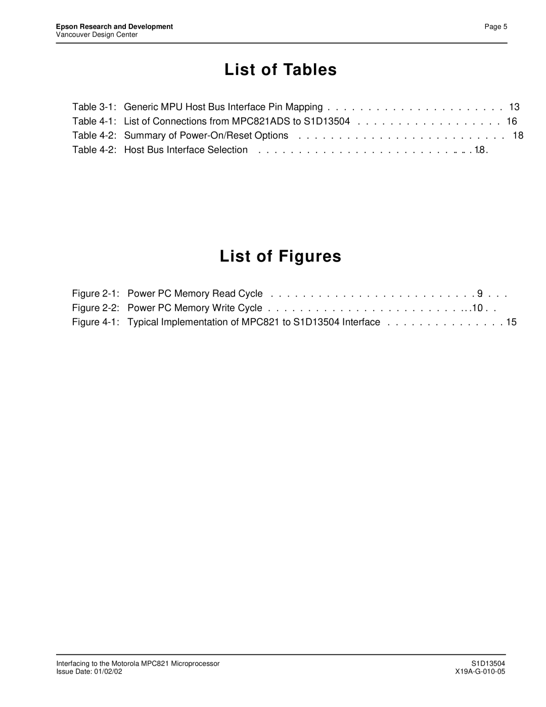 Epson S1D13504 manual List of Tables 