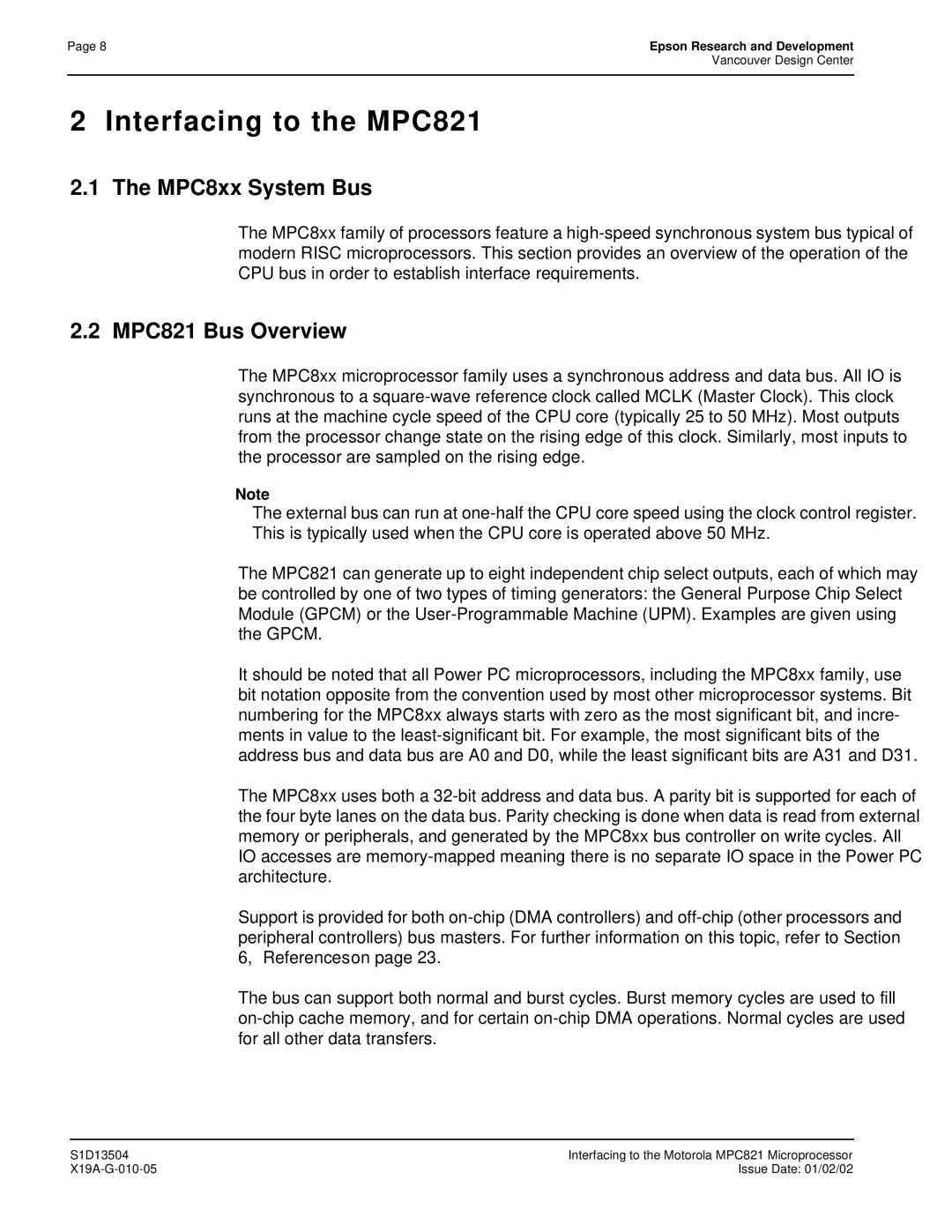 Epson S1D13504 manual Interfacing to the MPC821, MPC8xx System Bus, MPC821 Bus Overview 