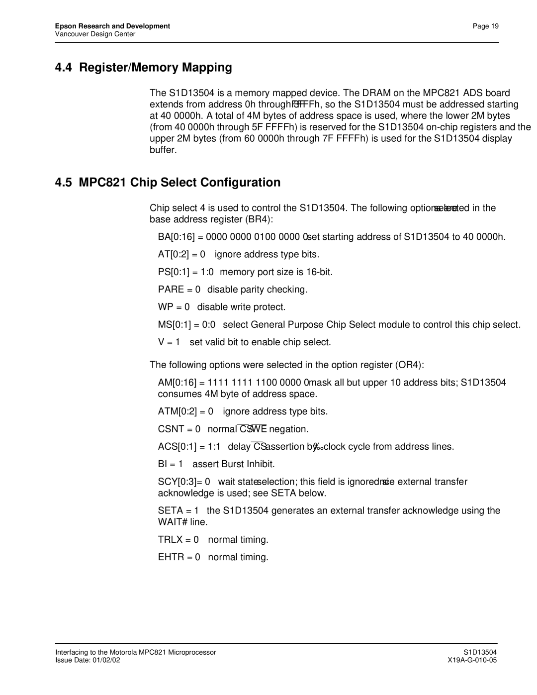 Epson S1D13504 manual Register/Memory Mapping, MPC821 Chip Select Configuration 